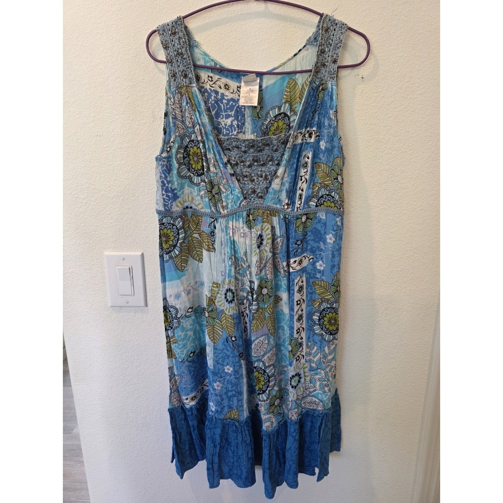 Forbidden Tank Dress Sz M Beaded Floral Blue Boho Vacation Resortwear Tie Back